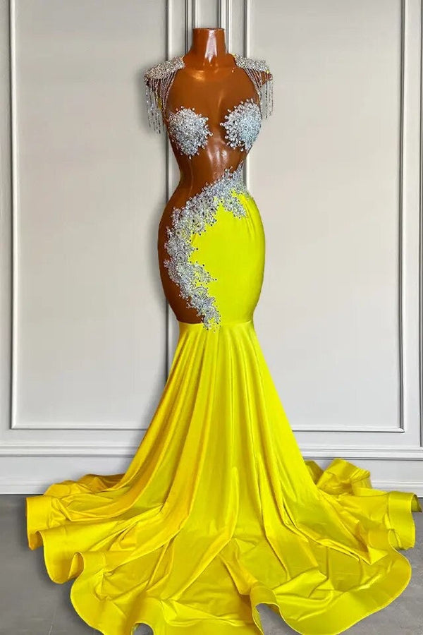 Yellow Scoop Prom Dress with Beadings and Tassels - Mermaid Long-Ballbella