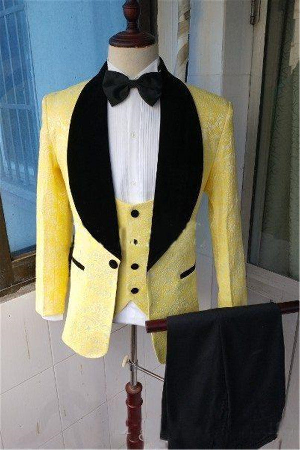 Yellow Slim Fit Lapel Shawl Prom Dress Suit Bespoke Jacquard Men Formal Party Blazer-Ballbella