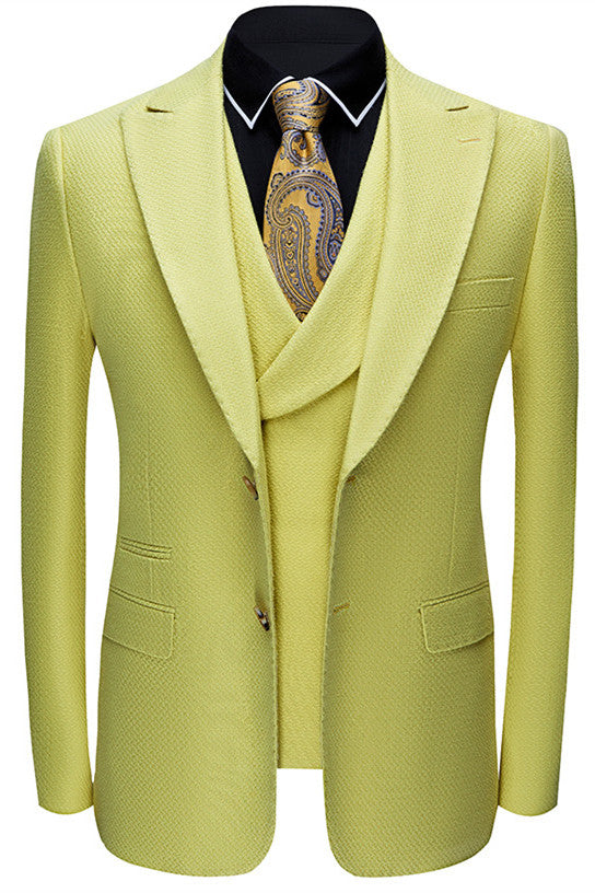 Yellow Three Pieces Peaked Lapel Designer Prom Suits for Men-Ballbella