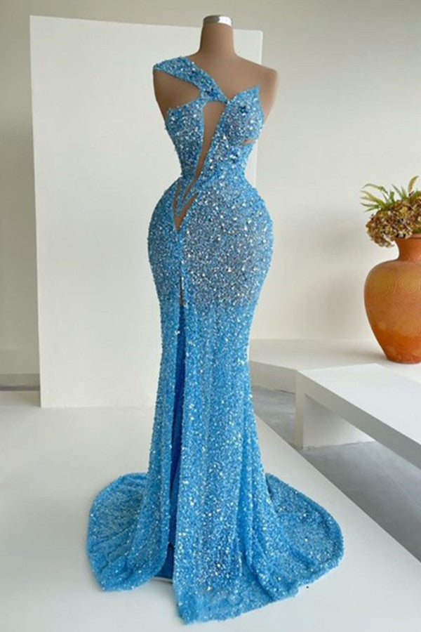 Ocean Blue Sequins One-Shoulder Mermaid Long Prom Dress With Split-Ballbella