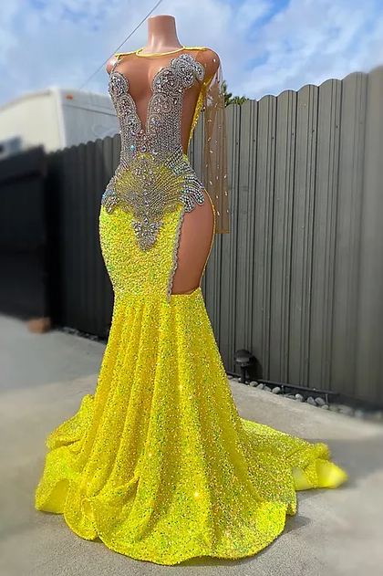 Round neck Silver Beaded Mermaid Yellow Sequin Prom Dresses-Ballbella