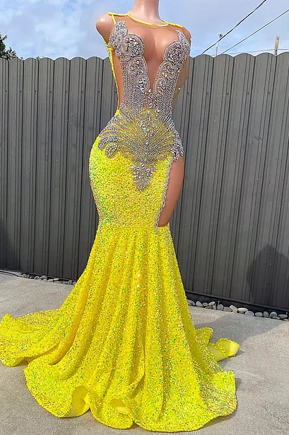 Round neck Silver Beaded Mermaid Yellow Sequin Prom Dresses-Ballbella