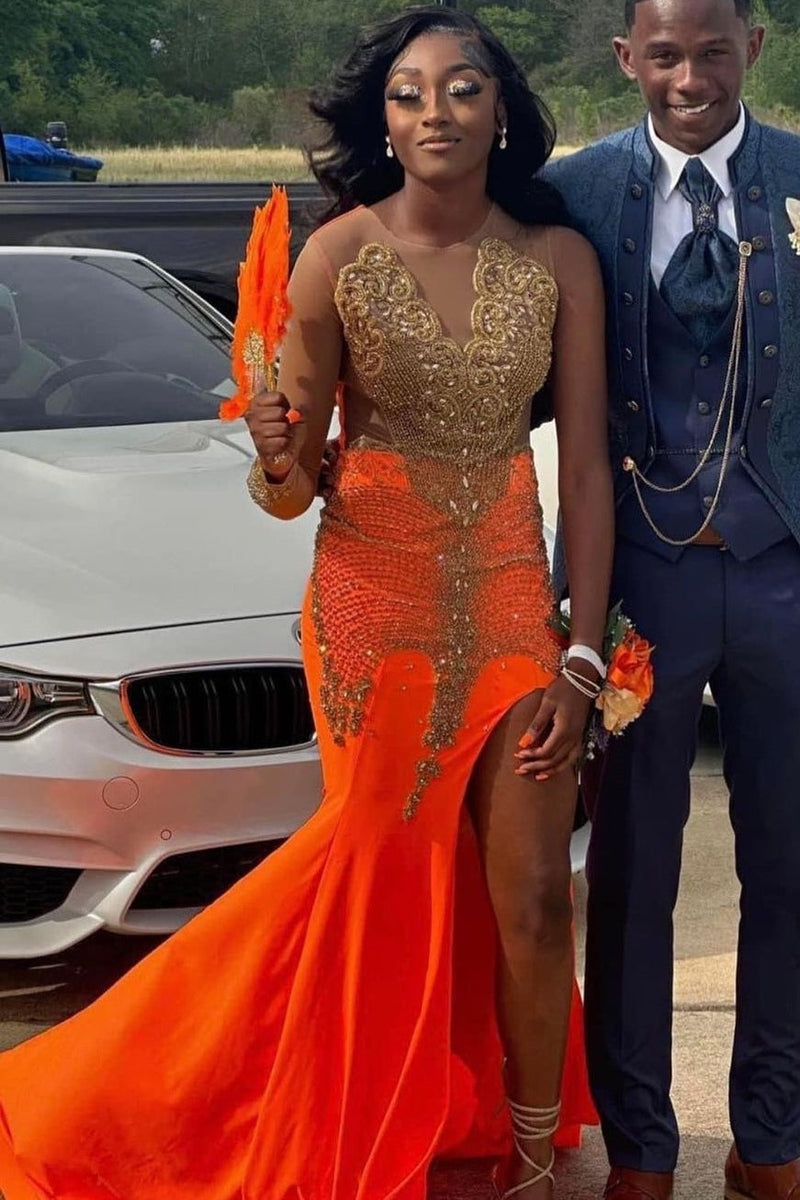 Hot Orange Mermaid High Split Prom Dresses with Gold Beads-Ballbella