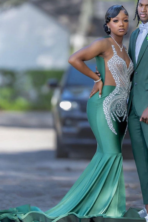 Dark Green Mermaid Floor length Prom Dresses with Silver Beads-Ballbella