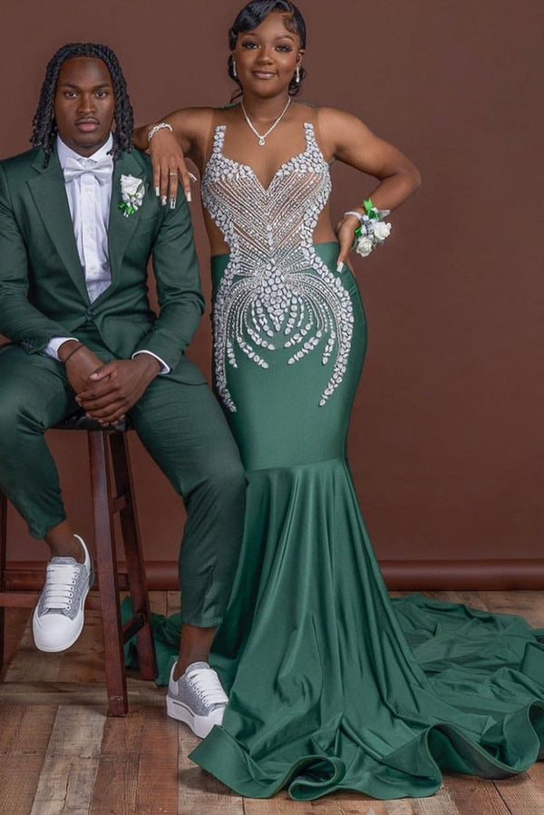 Dark Green Mermaid Floor length Prom Dresses with Silver Beads-Ballbella