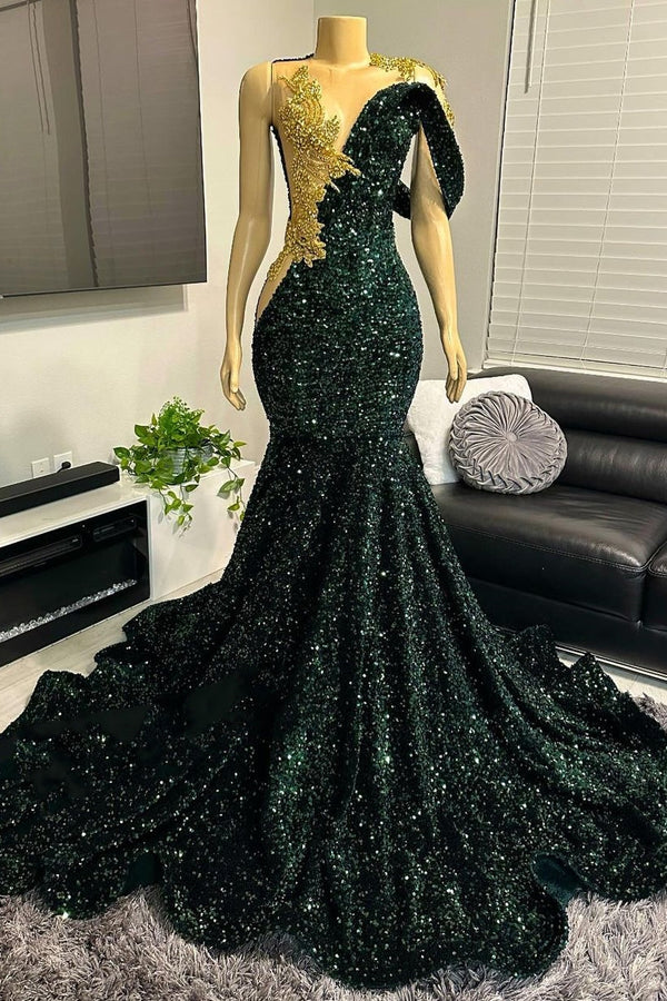 One shoudler Dark Green Sequin Floor length Prom Dresses-Ballbella