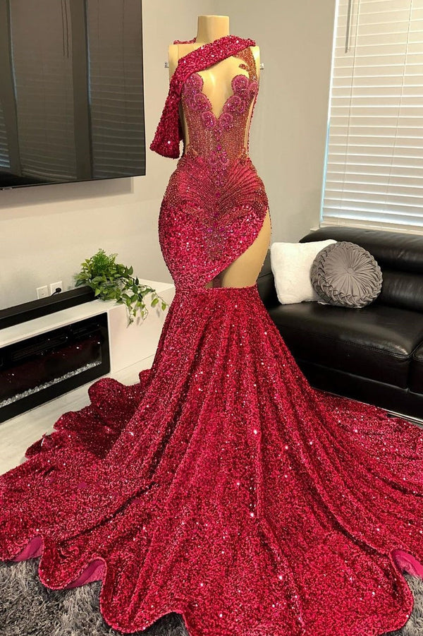 One shoulder Burgundy Sequin Prom Dresses with cutout-Ballbella