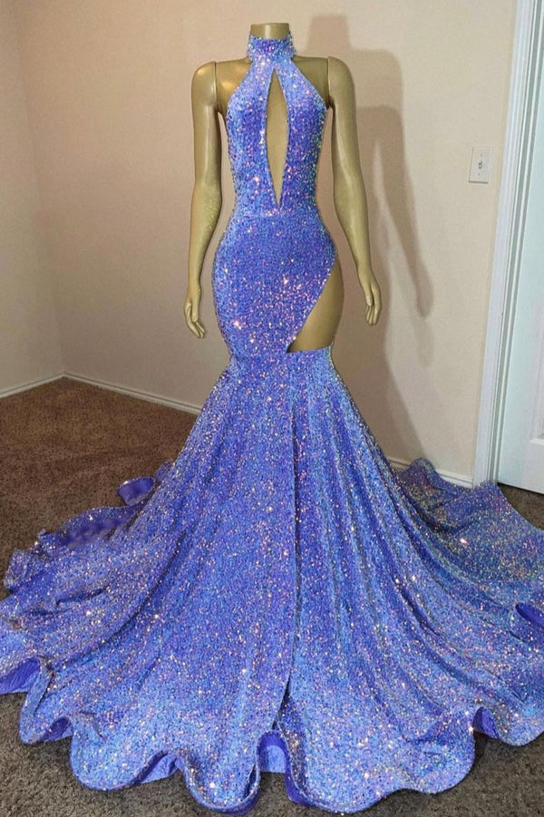 Halter Sequin Lavender Keyhole Mermaid Prom Dresses with Cutout-Ballbella