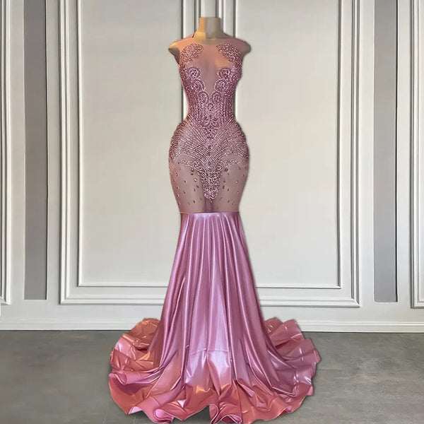 Long Pink Sleeveless Mermaid Prom Dress Featuring Beadings-Ballbella