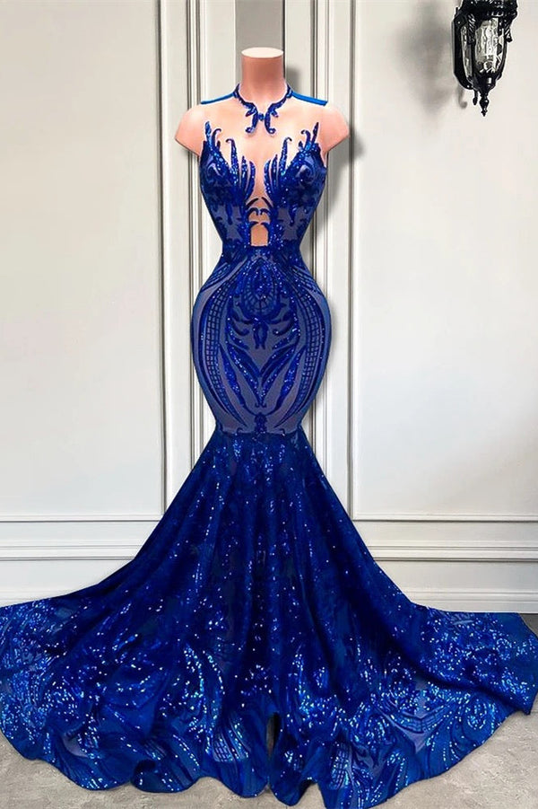 Sequins Royal Blue Sleeveless Mermaid Prom Dress-Ballbella