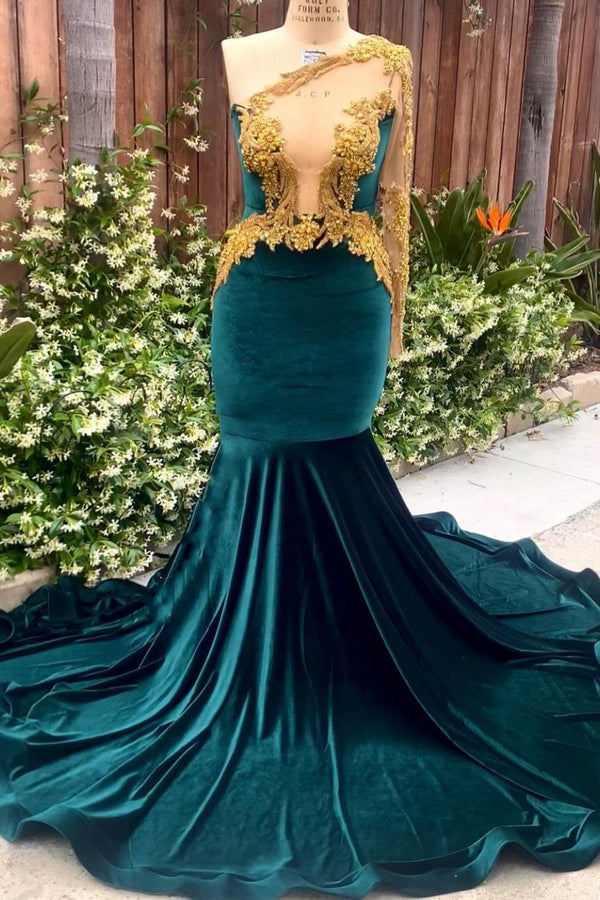 Dark Green Velvet One shoulder Mermaid Prom Dresses with Gold Appliques-Ballbella