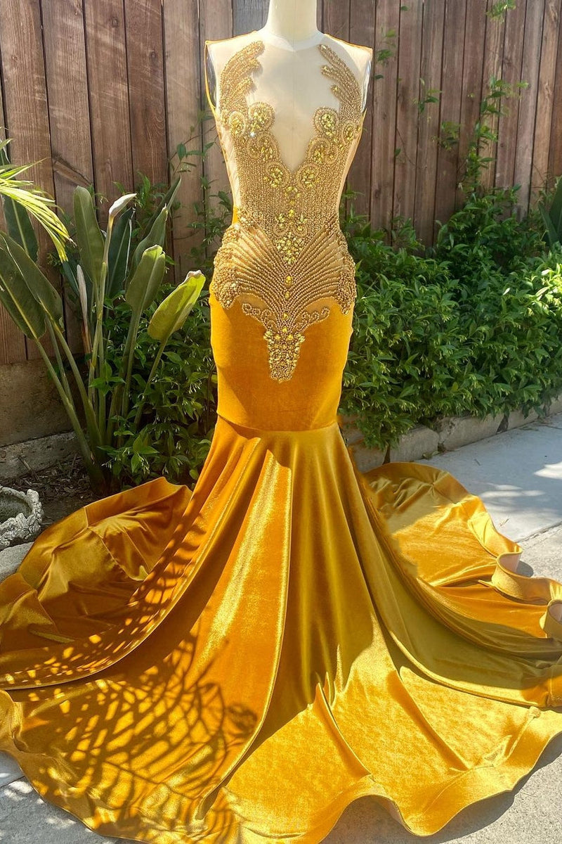 V-neck Gold Velvet Sleeveless Mermaid Long Court Train Prom Dresses-Ballbella