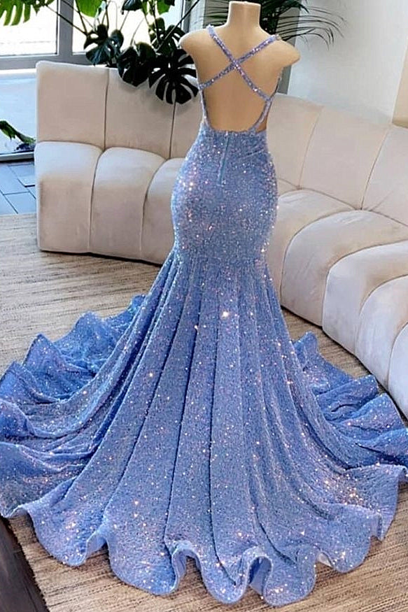 Deep V-Neck Mermaid Sequins Backless Prom Dress-Ballbella