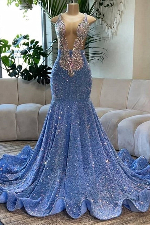 Deep V-Neck Mermaid Sequins Backless Prom Dress-Ballbella