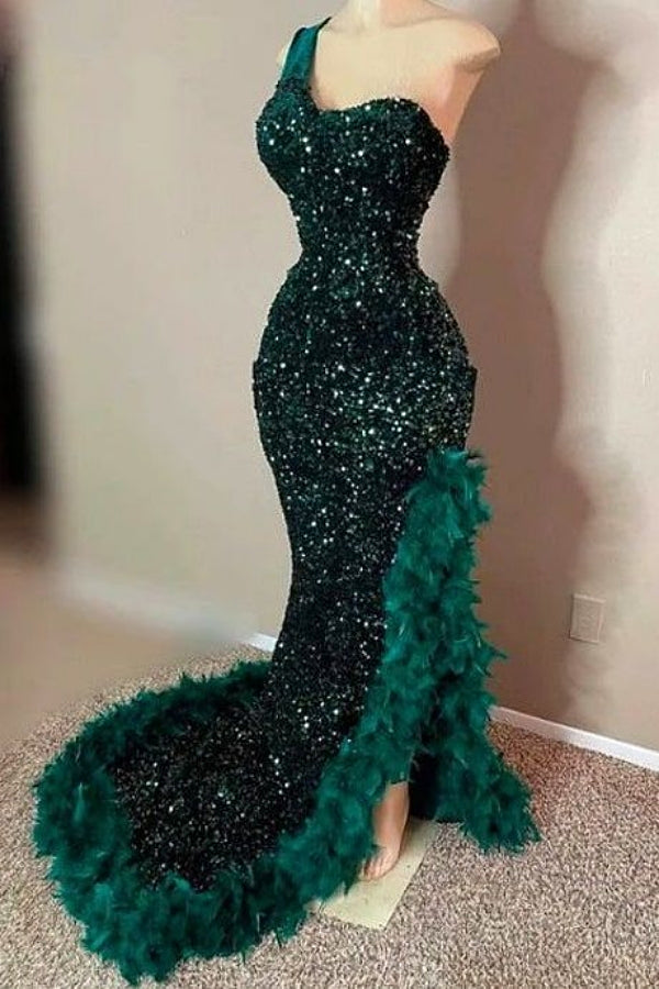 Dark Green One shoulder Split Ruffles High Split Prom Dresses-Ballbella