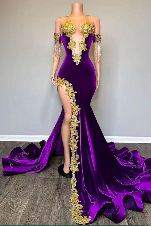 Off the shoulder V-neck Gold Appliques Mermaid Velvert Prom Dresses-Ballbella