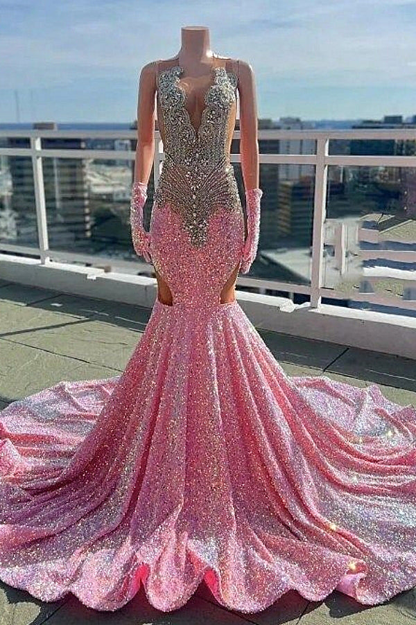 V-neck Silver Beaded Pink Long Prom Dresses with Cutout-Ballbella