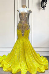 Yellow V-Neck Sleeveless Mermaid Prom Dresses Featuring Beadings and Sequins-Ballbella