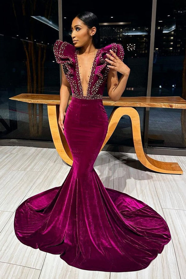 Deep V-Neck Mermaid Sweep Train Beading Prom Dress-Ballbella