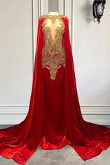 Mermaid Prom Dresses with Red Scoop Neckline and Beadings Cape-Ballbella