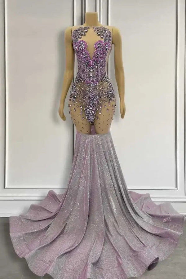 Purple Mermaid Prom Dress Sleeveless with Long Beadings-Ballbella