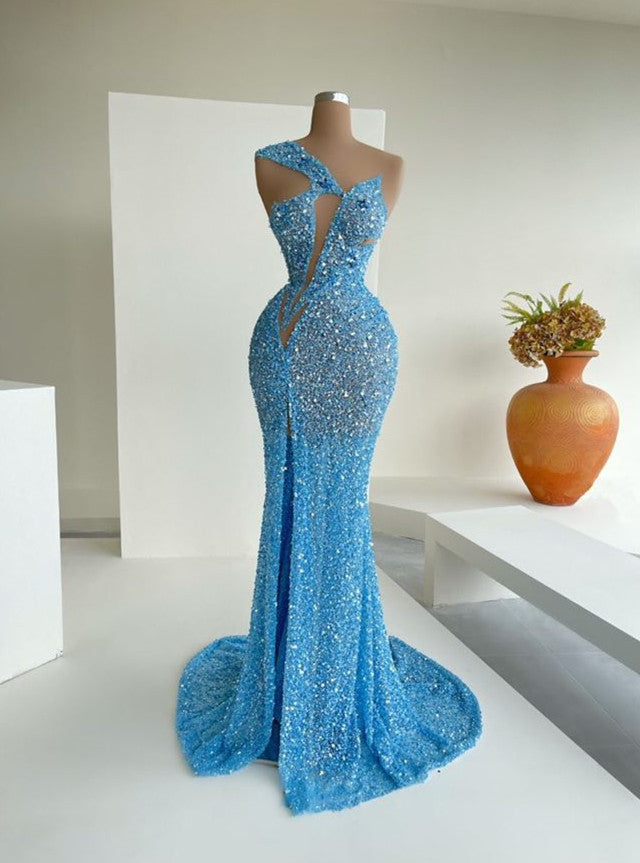 Ocean Blue Sequins One-Shoulder Mermaid Long Prom Dress With Split-Ballbella