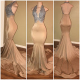 Luxurious Halter Sleeveless Lace Applique Mermaid Prom Dresses-Ballbella