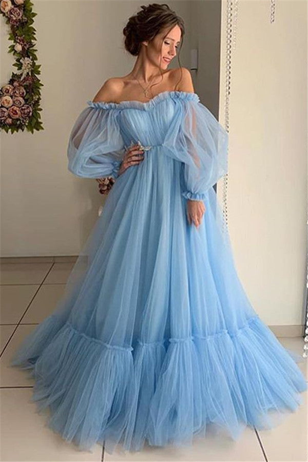 Still not know where to get your event dresses online? Ballbella offer you Gorgeous Off-The-Shoulder Long-Sleeves Sheer-Tulle A-Line Prom Party Gowns at factory price,  fast delivery worldwide.