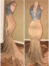 Luxurious Halter Sleeveless Lace Applique Mermaid Prom Dresses-Ballbella