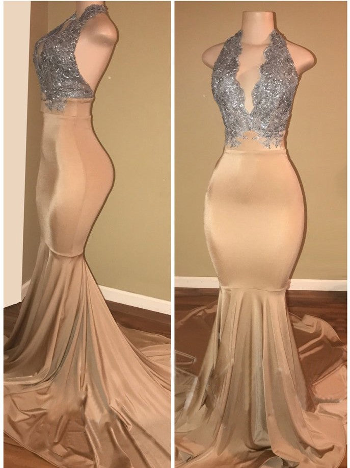 Luxurious Halter Sleeveless Lace Applique Mermaid Prom Dresses-Ballbella