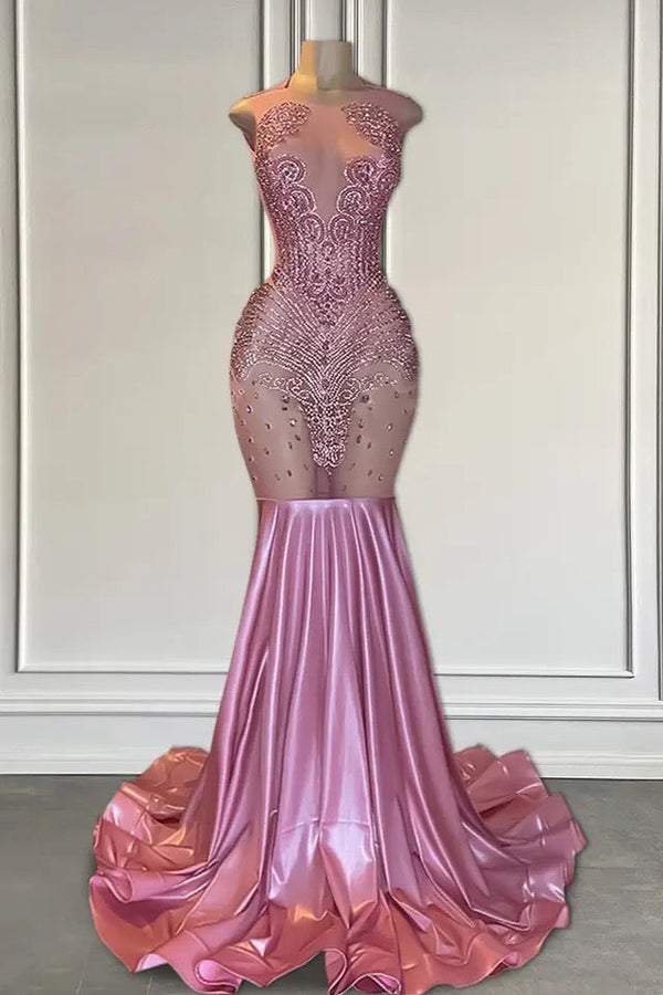 Long Pink Sleeveless Mermaid Prom Dress Featuring Beadings-Ballbella