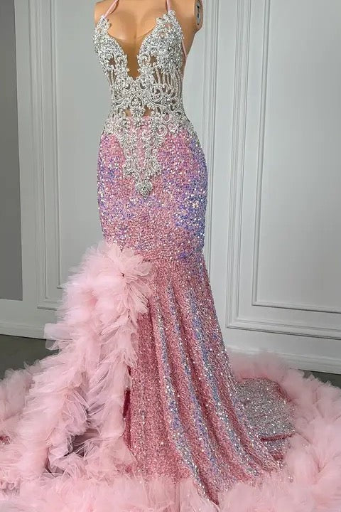 Pink Halter Mermaid Prom Dress with Sequins Beadings and Tulle Ruffle-Ballbella