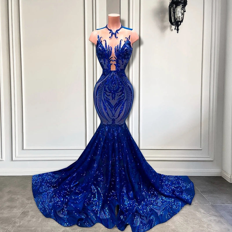 Sequins Royal Blue Sleeveless Mermaid Prom Dress-Ballbella