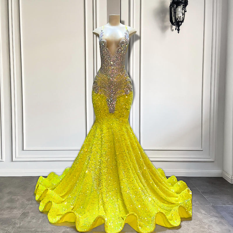 Yellow V-Neck Sleeveless Mermaid Prom Dresses Featuring Beadings and Sequins-Ballbella